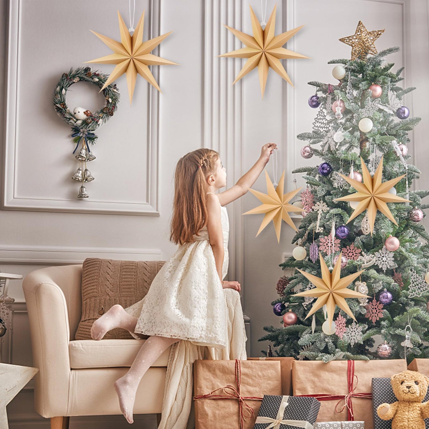 BestoFun 12 Inches 5 PCS Natural Paper Star Lanterns Christmas Hanging Lamp Rustic Paper Decorations Shade Wedding Birthday Christmas Home Party Decorations (9 Pointed)