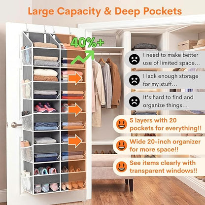 Over the Door Organizer 5 Tiers, Extra Large Behind Door Storage of 10