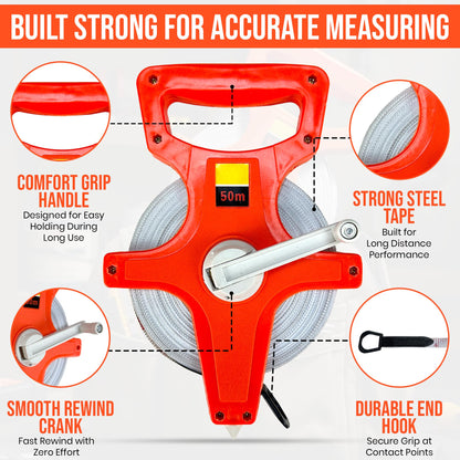 Harrier Hardware 55 Yard / 165 Foot Long Open Reel Tape Measure, Orange, SAE & Metric Scales, Durable for Construction Measuring Tape