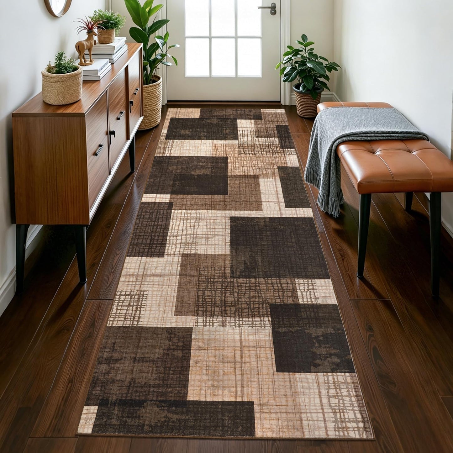 Ailyei Washable 2x6 Runner Rug for Hallway Kitchen Bedroom, Modern Geometric Patchwork Grid Print Non Slip Carpet, Soft Stain Resistant Long Runner with Rubber Backing, Chocolate