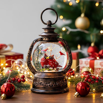 Christmas Snow Globe Lantern Water Glittering Cardinal with Music, USB Lined/Battery Operated Lighted Lantern for Christmas Festival Decoration Gifts