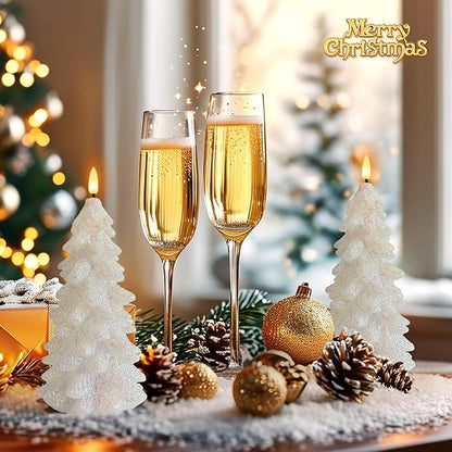 Christmas Tree Shaped Flickering Flameless Candles, Glittering White Real Wax Battery Operated LED Candles with Timer for Christmas Home Party Decoration Set of 2