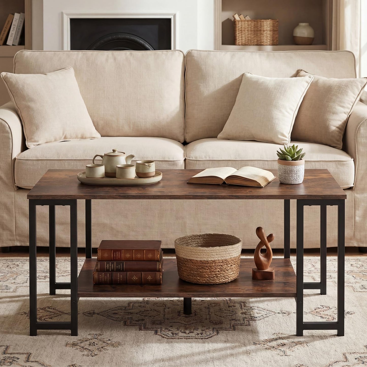 Giantex 2-Tier Coffee Table with Storage, 39.5" Rectangular Center Table with Heavy-Duty Metal Frame, Modern Accent Cocktail Table, Living Room Tables for Small Spaces (Rustic Brown)