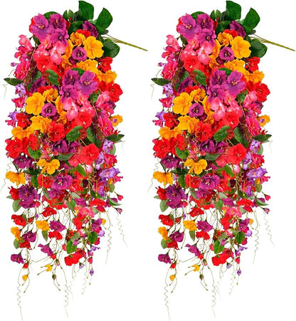Artificial Flowers for Outdoors 3 Pack Fake Hanging Plants with Faux Hibiscus Flowers Summer Fall Decor UV Resistant Silk Leaves for Indoor Outdoor Front Door Porch Patio Planter Decor