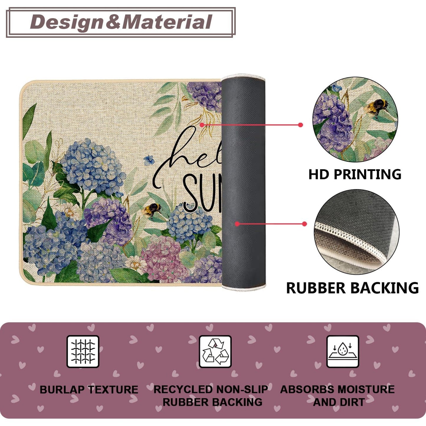 Baccessor Hydrangea Kitchen Mats Set of 2, Spring Summer Floral Bee Kitchen Rugs for Floor Non Slip Absorbent Low-Profile Seasonal Farmhouse Home Decor 17x29 and 17x47 Inch