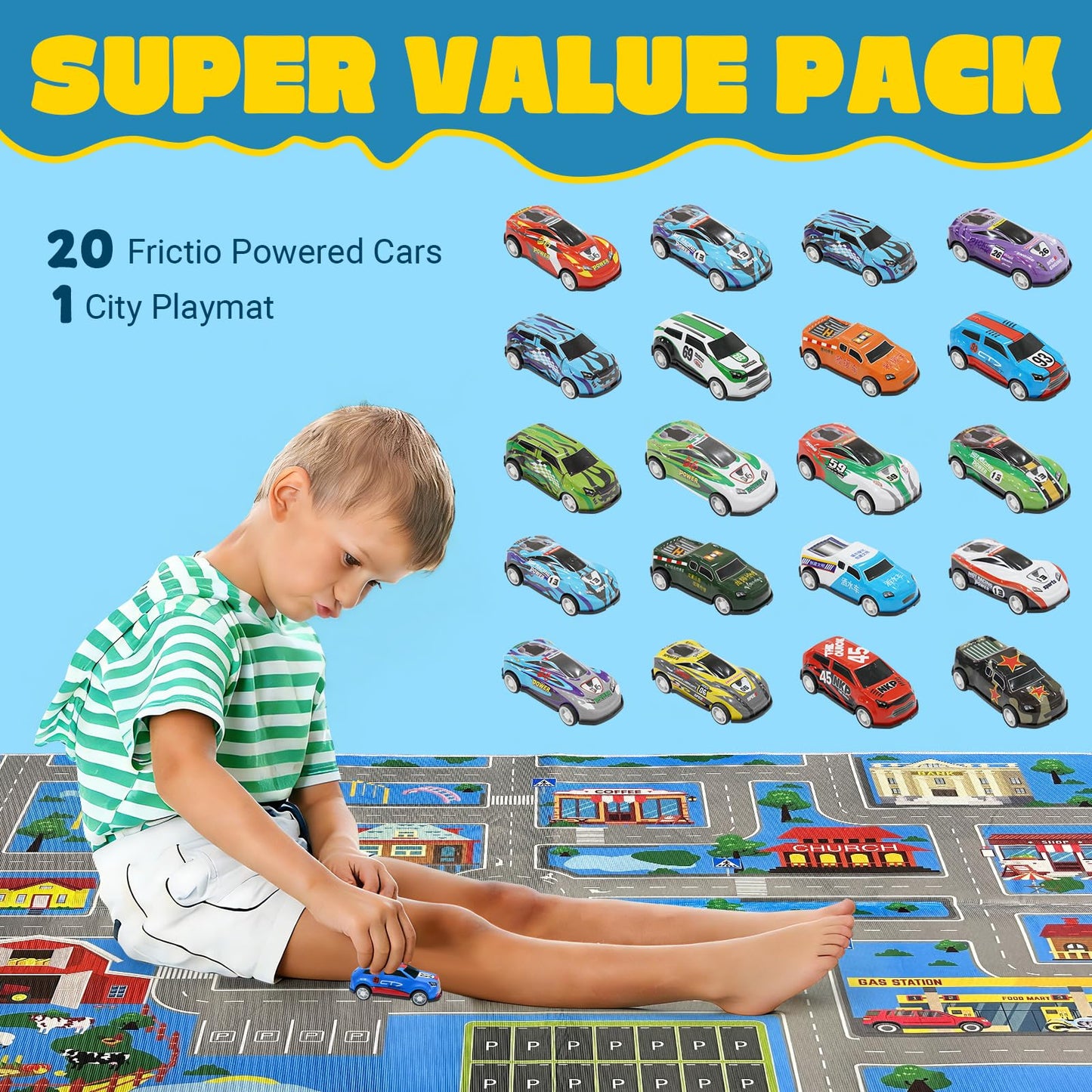 Kids Carpet Playmat Rug: Kids Car Carpet Playmat Rug with 20 Cars Pull-Back Vehicle Set - Play Room, City Pretending Play, 62.9 X 31.4 Inch, Blue