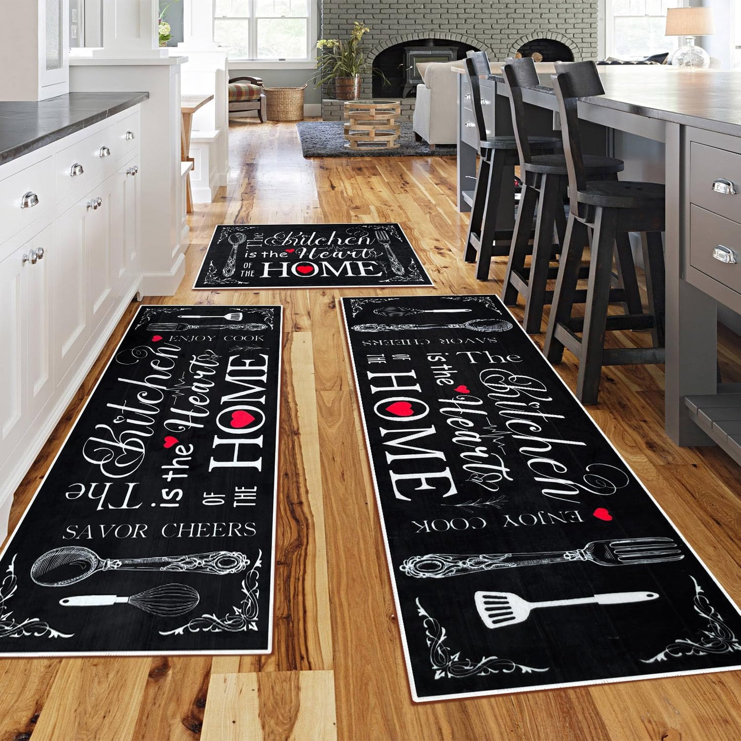 Farmhouse Kitchen Rugs 3 Piece Set, Washable Non-Slip Area Rugs and Mats, Rustic Runner Carpets for Kitchen Floors, Laundry Rooms and Hallways (Black, 20"x32"+20"x47"+20"x59")