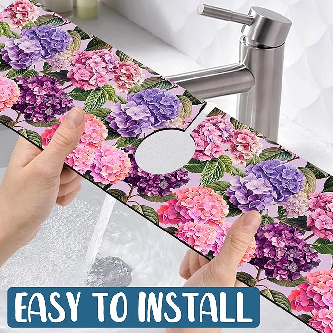 Colorful Hydrangea Kitchen Sink Splash Guard Faucet Mat Purple Pink Hydrangea