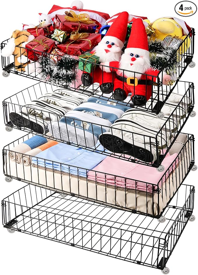 4 PACK Under bed Storage Containers With Wheels,Under bed Basket,Rolling Under Bed Drawer Organizer For Shoes Clothes Books Toys Blankets,
