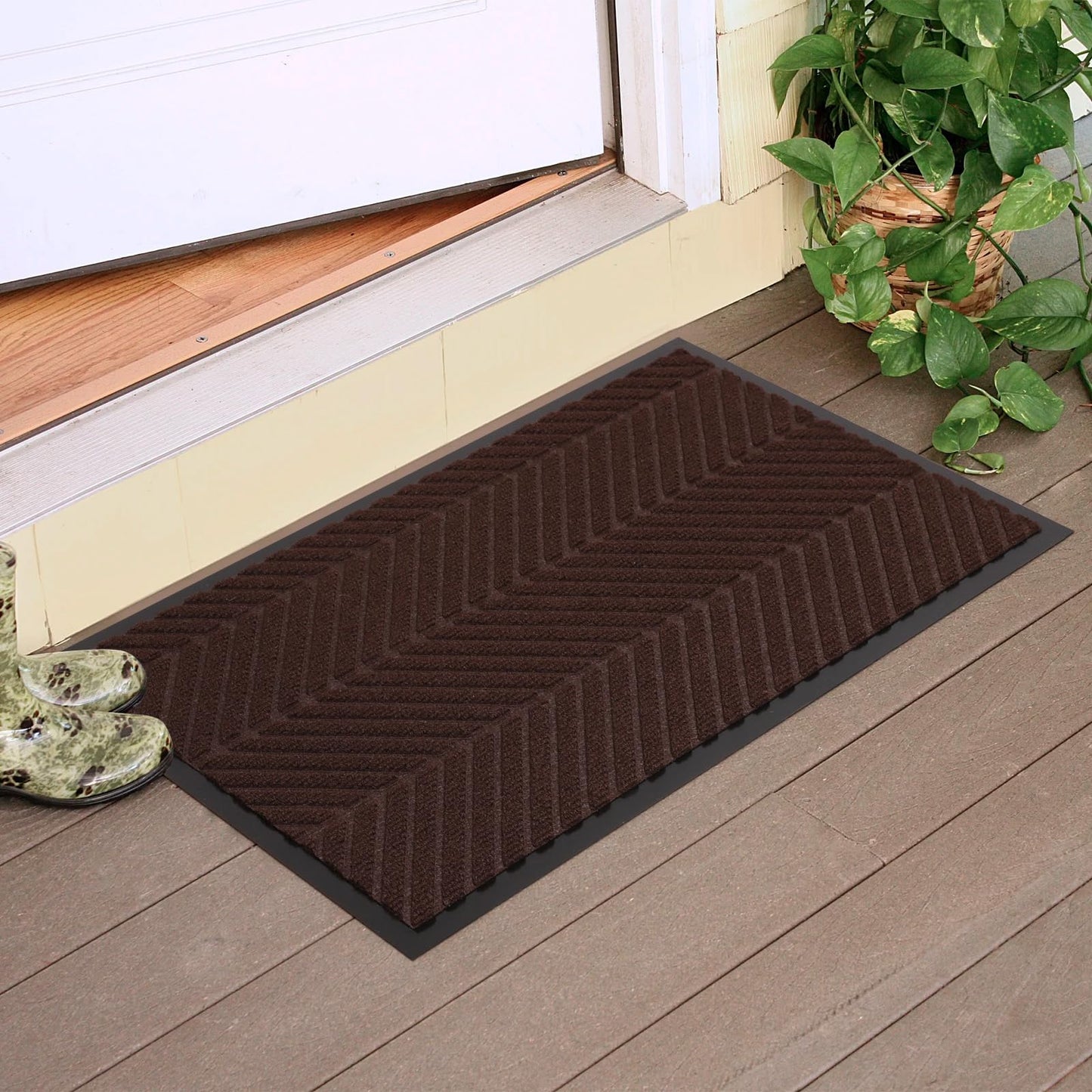 ZPAI 16" x 32" Dark Brown Front Door Mat Indoor Outdoor, Low Profile Welcome Doormat for Entrance, Waterproof All-Weather Entry Mat for High Traffic Area