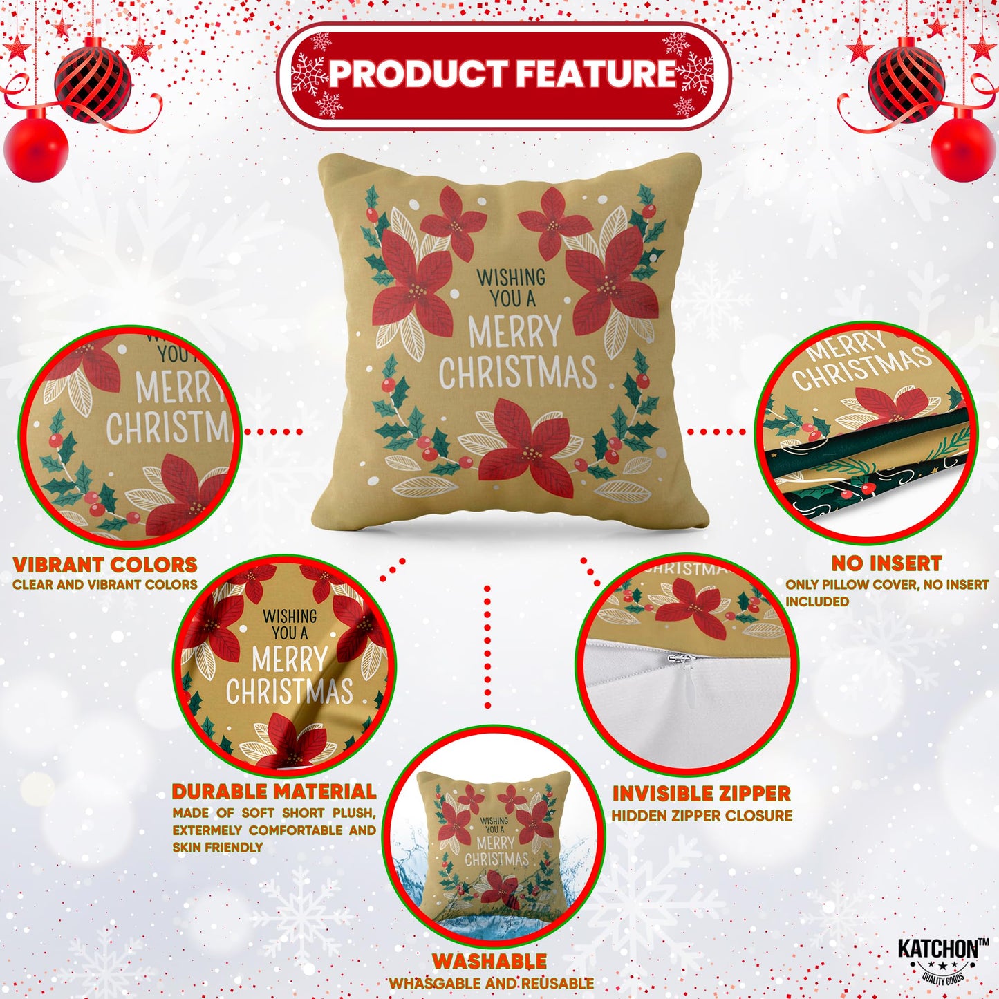 KatchOn, Merry Christmas Pillow Covers 18x18 - Pack of 4 | Green and Gold Christmas Throw Pillow Covers | Christmas Decorations Indoor | Holiday Pillow Cases