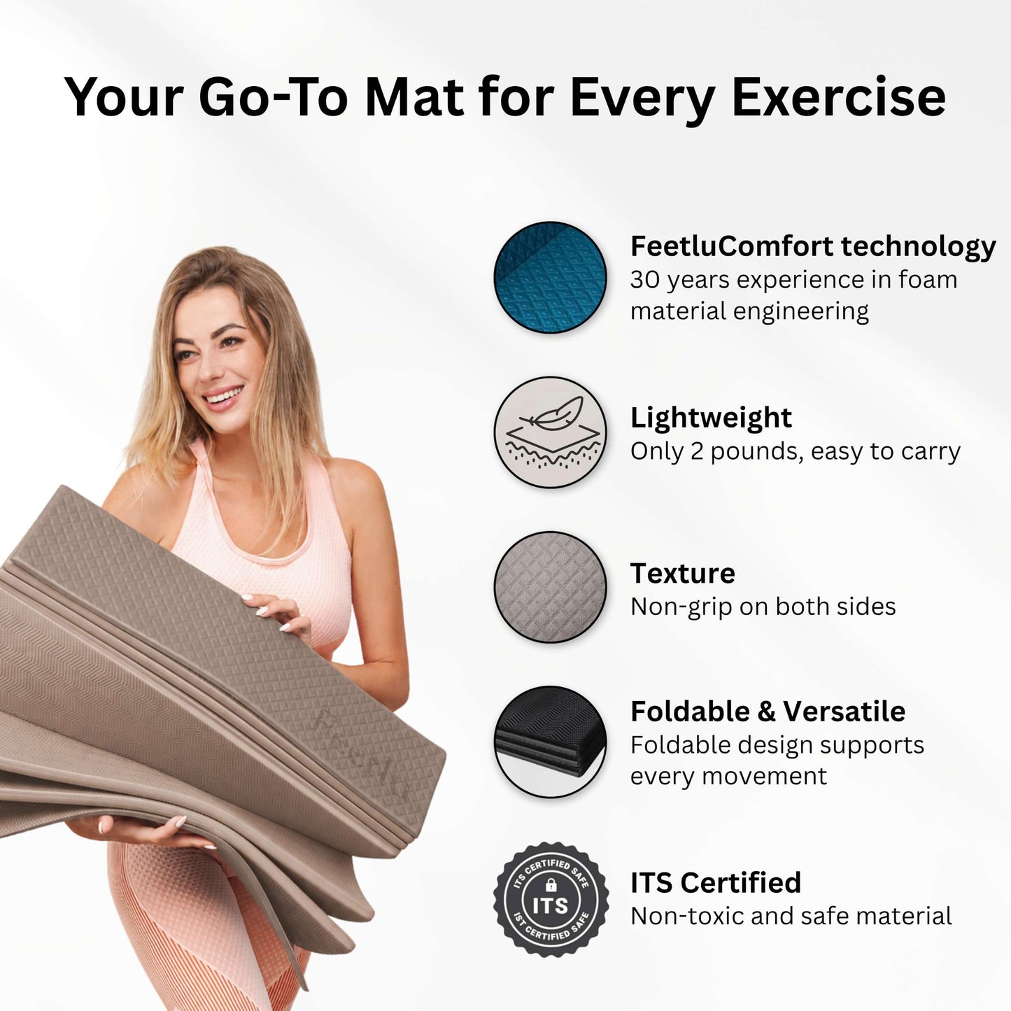 Feetlu Foldable Yoga Exercise Mat, 6mm/8mm/10mm/12mm Thickness, 72 x 24 Inch - Lightweight, Anti-Slip, and Easy to Store for Yoga, Pilates, Home Workouts, and Floor Exercises (Coffee 6mm)