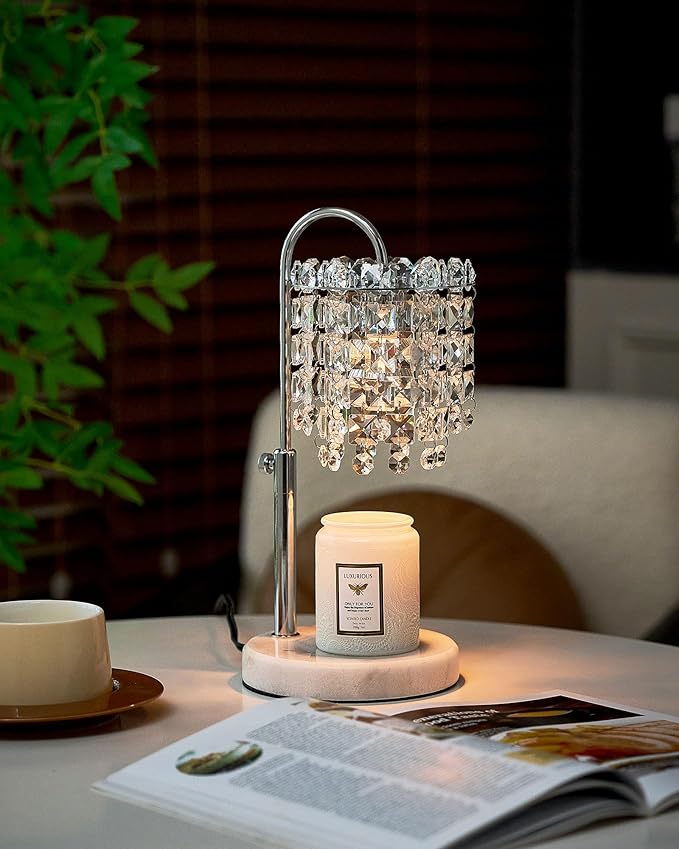 Candle Warmer Lamp with Timer Dimmer Adjustable Height Candle Warmer with Marble Base for Jar Candles, Crystal Candle Lamp with 3 Bulbs for New Home Decor, Women Mom Christmas Birthday Gifts, Silver