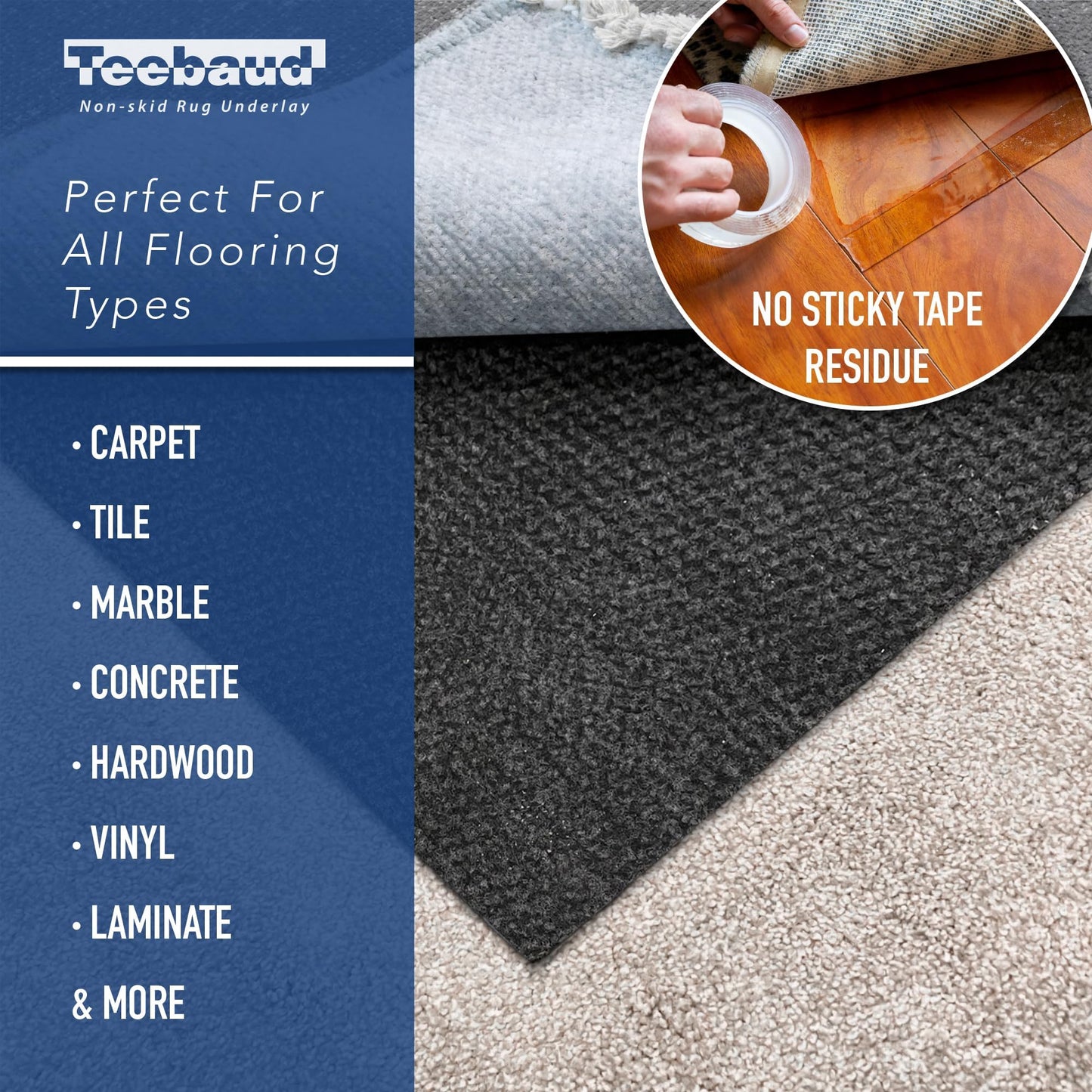 Teebaud 4' x 6' Non-Slip Rug Pad, Reversible Gripper, Non Skid Pads for Hardwood, Vinyl, Tile, Laminate Floors, Keep Area Rugs Secure, Natural Materials Safe for Indoor Flooring, ¼” Thick