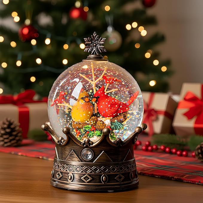 Christmas Snow Globe Lantern Water Glittering Cardinal Crown with Music, USB Lined/Battery Operated Lighted Lantern for Christmas Festival Decoration Gifts