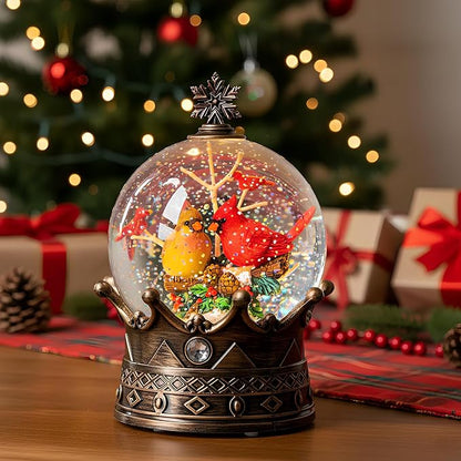 Christmas Snow Globe Lantern Water Glittering Cardinal Crown with Music, USB Lined/Battery Operated Lighted Lantern for Christmas Festival Decoration Gifts
