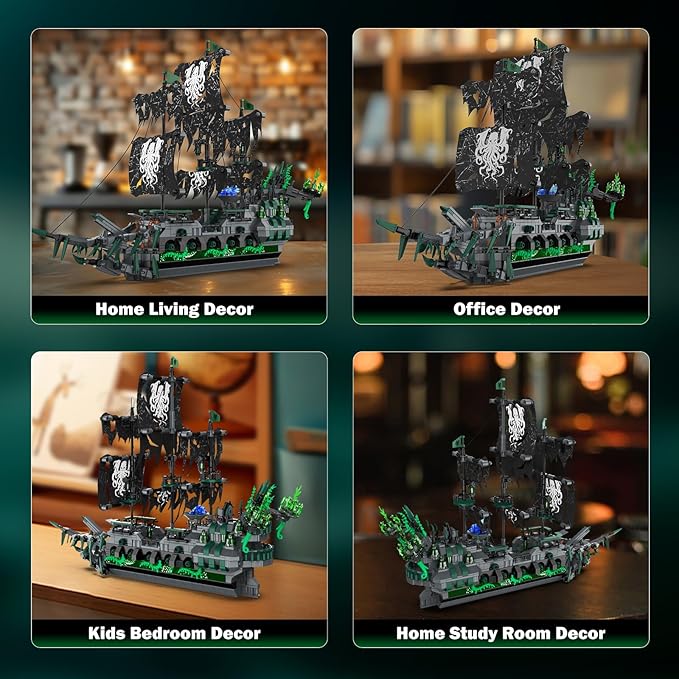 NUTCRACKER Pirate Ship Building Blocks Set with LED Lights Ghost Ship Flying Dutchman Toy Building Sets for Adults DIY Sailboat Model Kit for Easter Halloween Birthday's Gift (1100 Pcs)