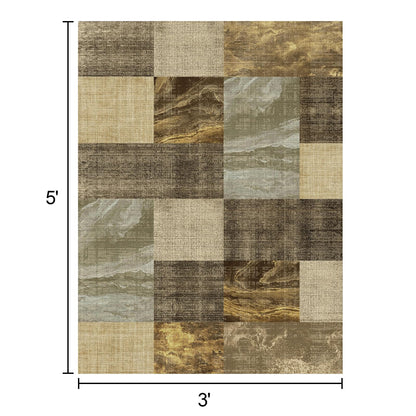 3×5 Washable Modern Checkered Abstract Area Rugs,Non-Slip Backing with High Traffic Carpet for Bedroom,Living Room,Office,Dining Room and Farmhouse,Brown and Lt.Yellow