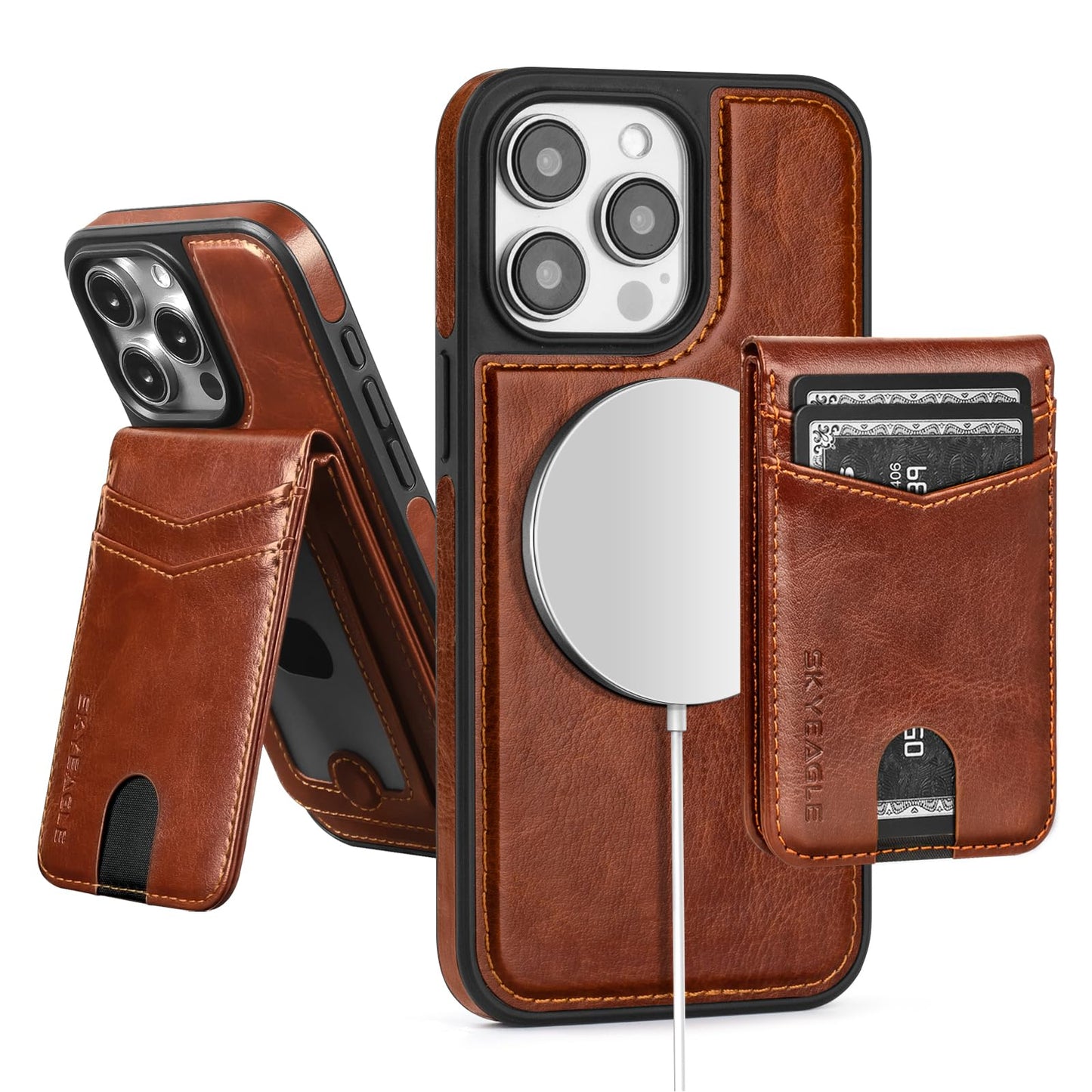 SkyEagle Compatible with Magsafe 2 in 1 Detachable iPhone 15 Pro Max Wallet Case with Card Holder,Women Men Magnetic PU Leather RFID Blocking Flip Kickstand Credit Slots for Apple 15 Pro Max,Brown