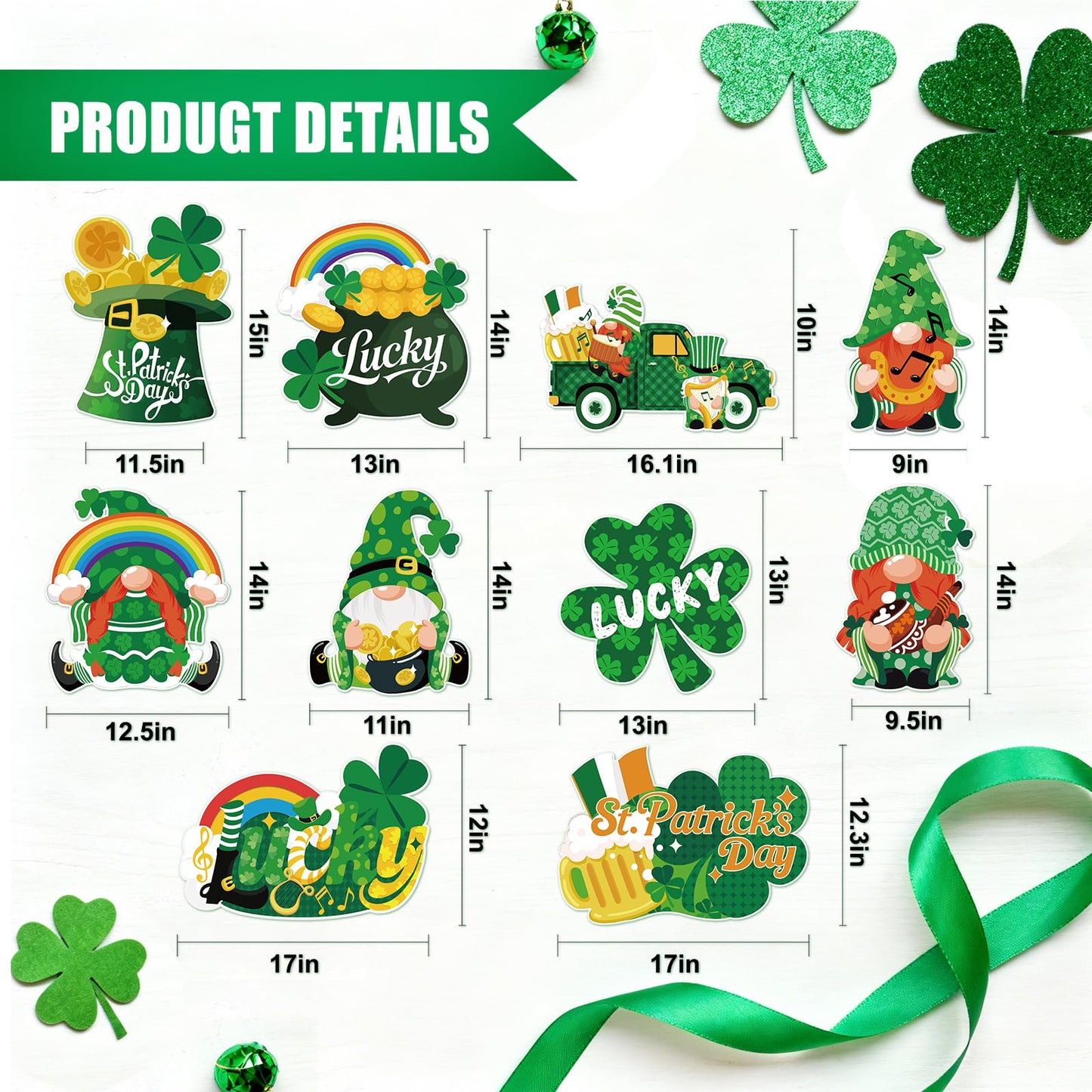GXGGUS 10Pcs St. Patrick's Day Yard Sign Decorations Gnome Lawn Outdoor Decor with Stakes Saint Patricks Day lrish Home Garden Decorations