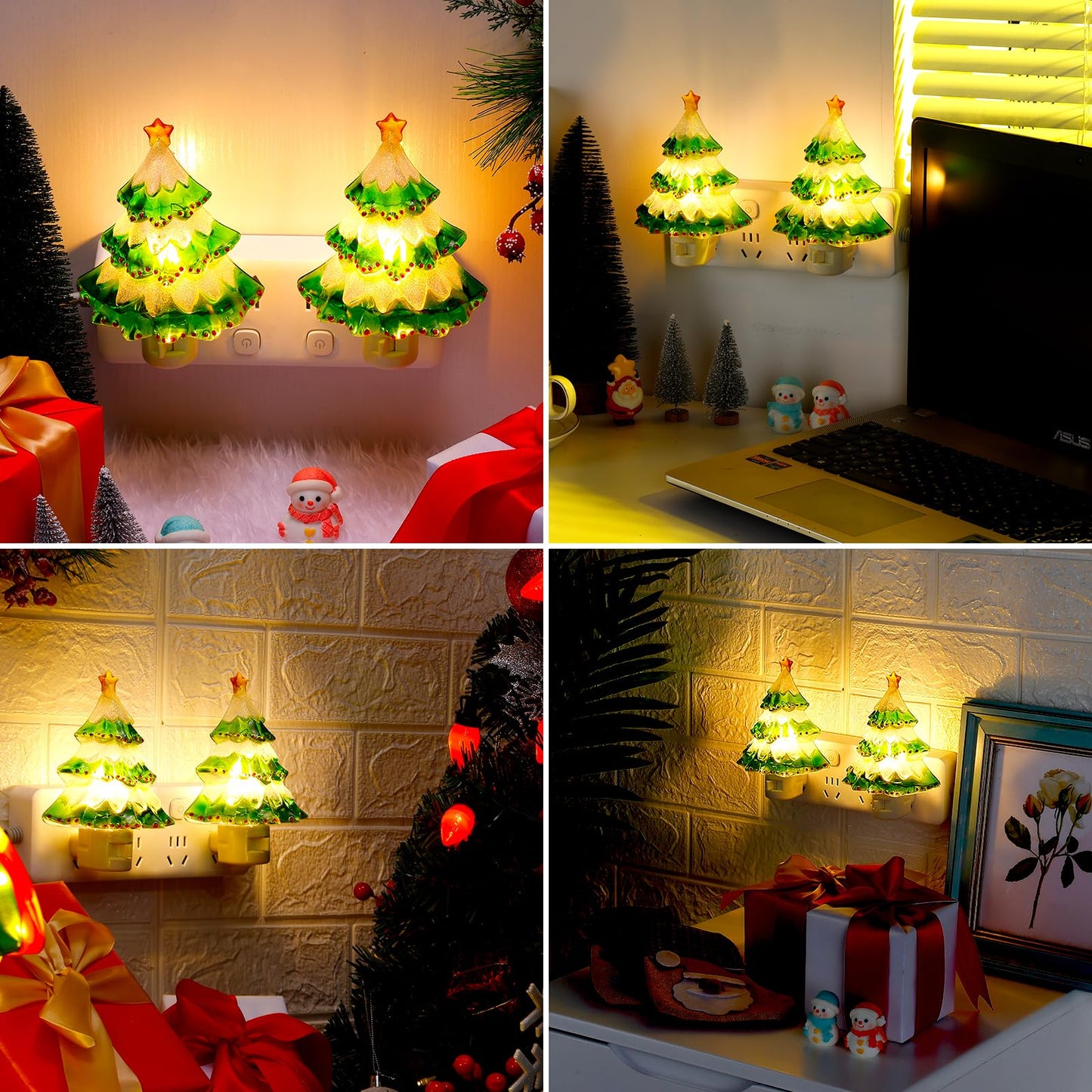 Brightown 2 Pack 6" Decorative Christmas Wreath Night Light with ON/Off Switch, Plastic Night Light for Bedroom Living Room Porch Holiday Decor
