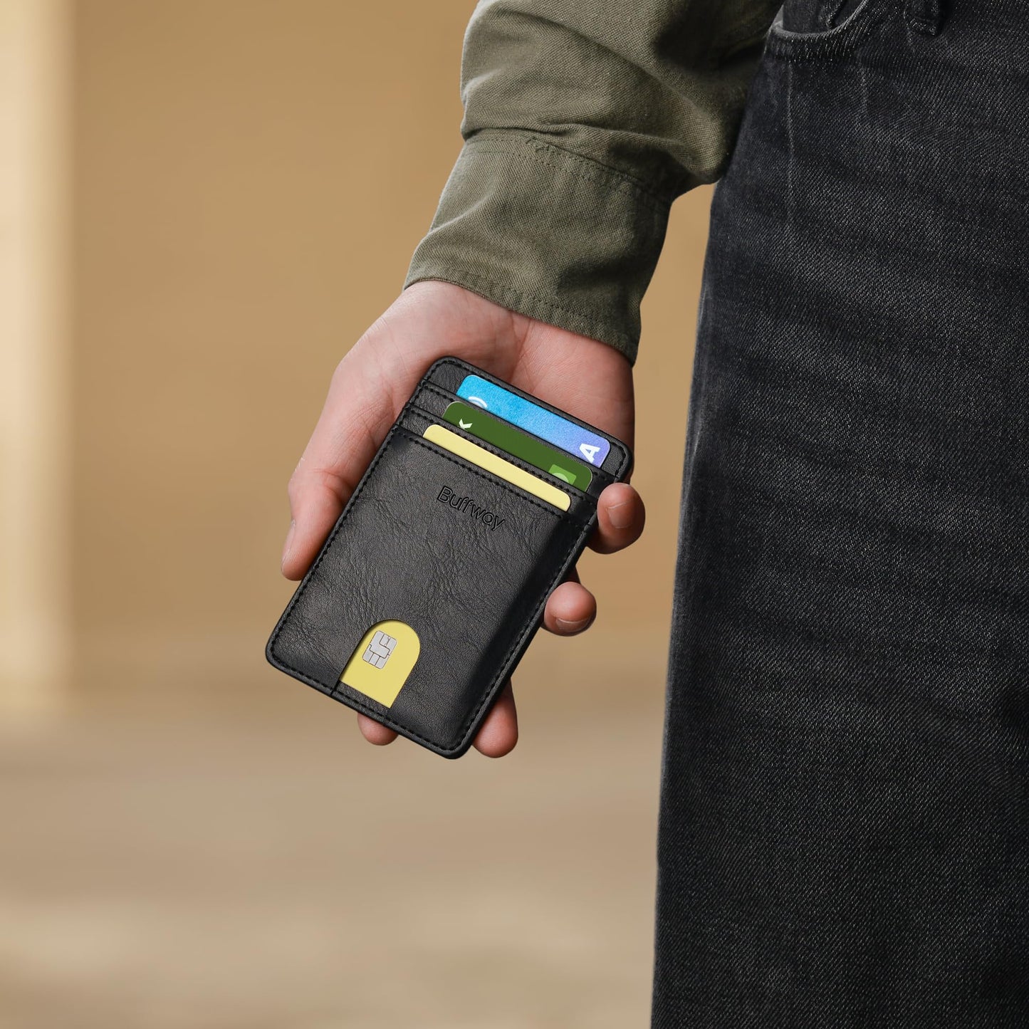 Buffway Mens Slim Wallet, Minimalist Thin Front Pocket Leather Credit Card Holder with RFID Blocking for Work Travel - Slate Black