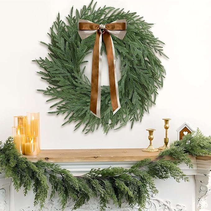 Christmas Decorations - 2 Pcs 24 Inch Christmas Wreath, Norfolk Pine Wreath, Christmas Wreaths for Front Door, Christmas Door Wreath with Bow for Outdoor Indoor with Ribbon for Home Table Wall