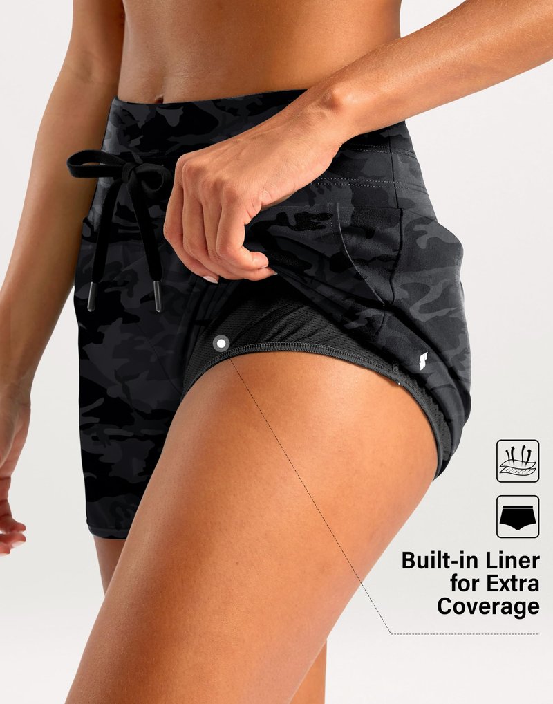 Soothfeel Women's Athletic Running Shorts with Zipper Pockets 3" High Waisted Workout Active Gym Shorts for Women with Liner Black Camo Medium