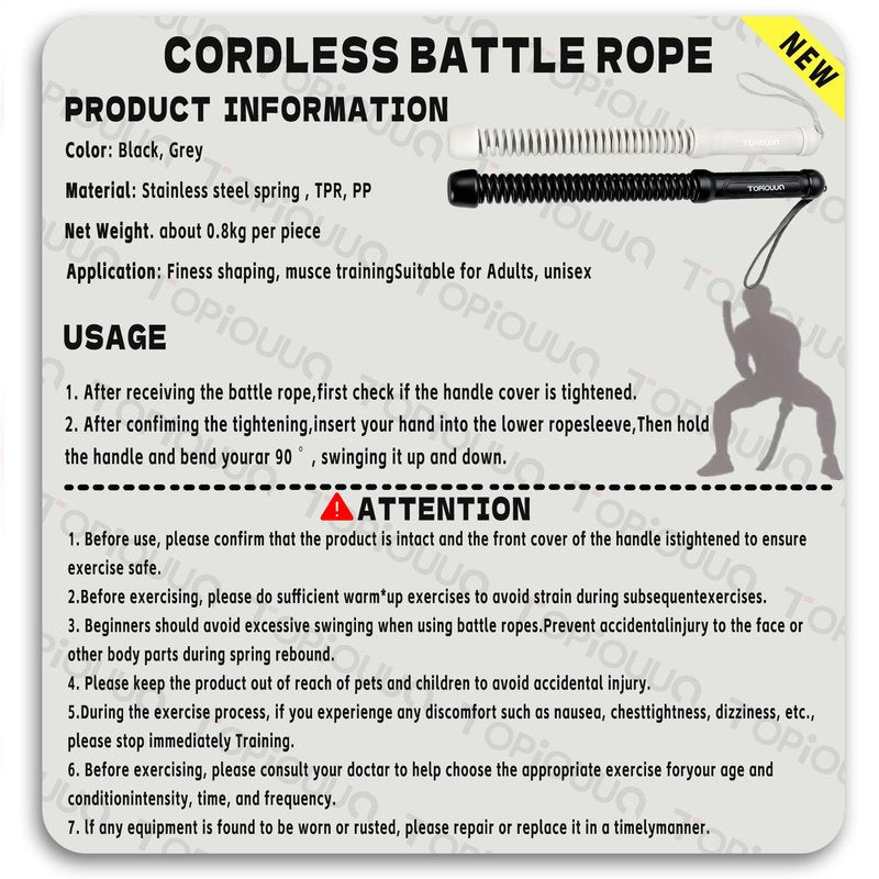 TOPIOUUA Ropeless Battle Rope - HIIT Weight Training, Multi-functional Home and Travel Exercise Equipment, Unisex Exercise Training Battle Rope Fitness Equipment with Anti-slip Tape (Black)