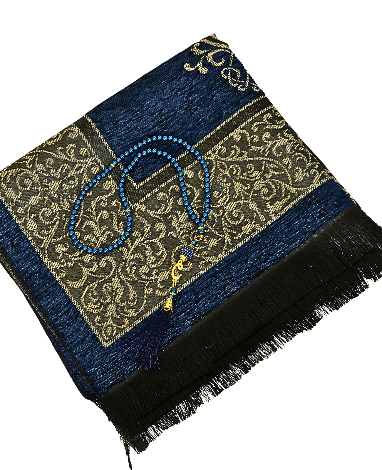 Prien Prayer Rug with Tasbih | Muslim Carpet | Praying Mat with Prayer Beads | Islamic Gifts for Women Men | Islam Portable Pray Set for Travel Kids Ramadan Namaz Hajj Umrah (Navy Blue)