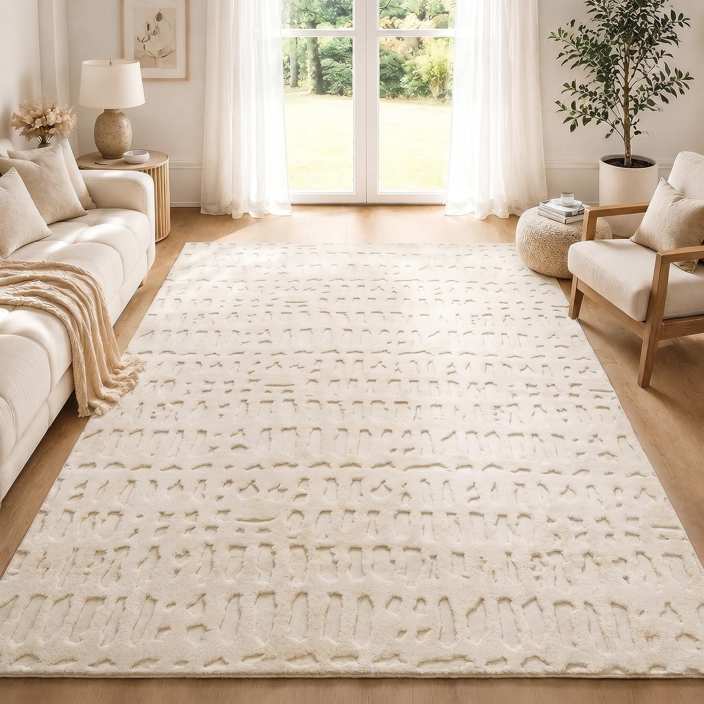 Yamaziot 5x7 Washable Area Rug, High-Low Grid Textured Living Room Rugs, Soft Fluffy Non-Slip Mats Stain Resistant Contemporary Boho Carpet for Dining Room, Kids Nursery Room, Bedroom, Office