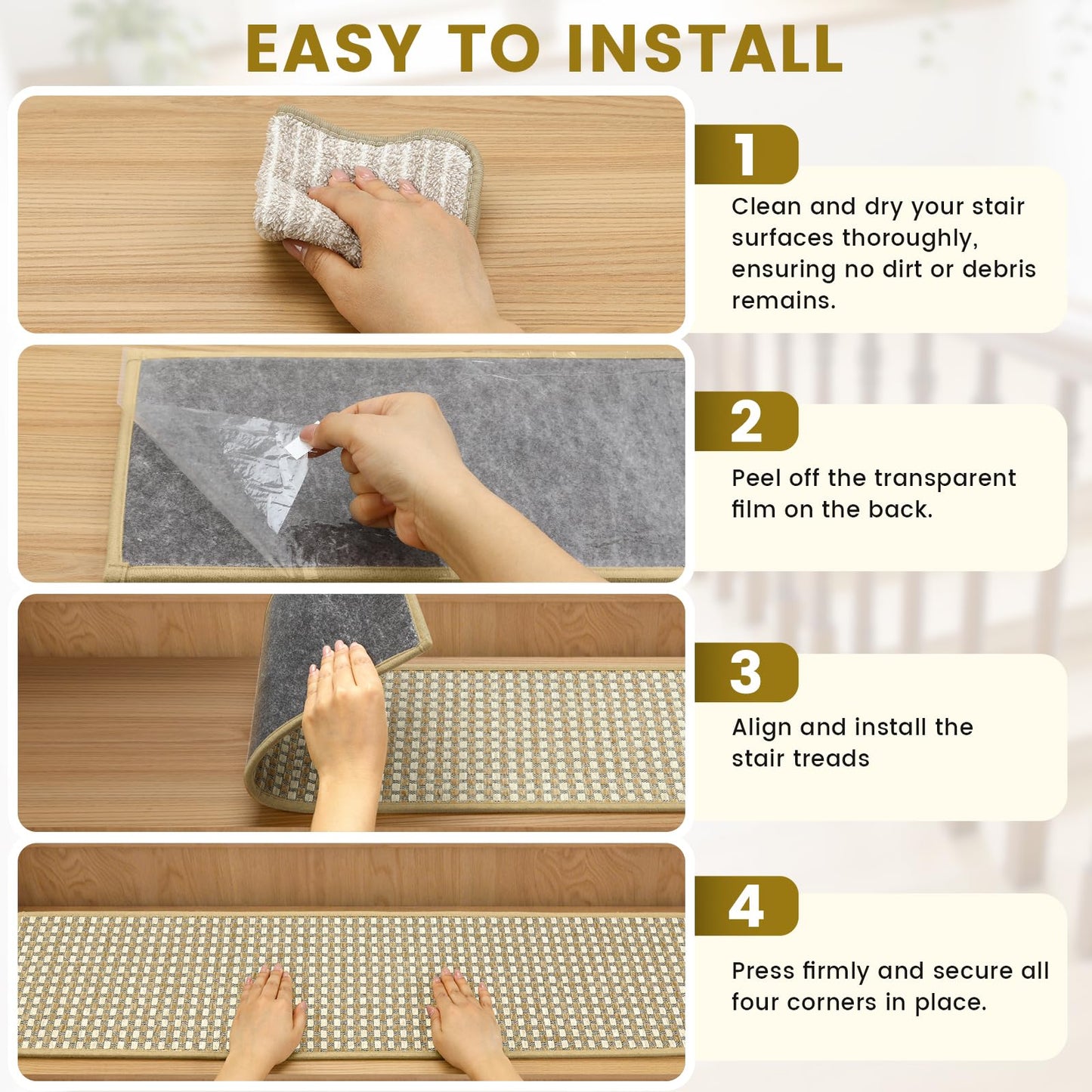 SMILOOL Stair Treads Non Slip for Wooden Steps Indoor 9" x 36" 4 Pack Extra Wide Stair Tread Carpet Stairs Runner, Step Pads with Reusable Adhesive for Dogs Kids Elders, Machine Washable, Beige