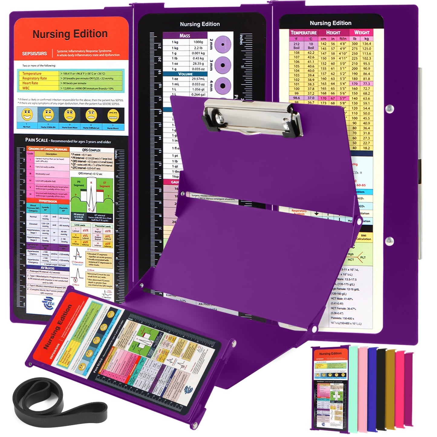 Nursing Clipboard with Nursing and Medical Edition Cheat Sheets 3 Layers Aluminum Foldable Nurse Clip Board Nursing Student Essentials - Foldable Clipboard Nursing Nursing School Essentials (Purple)
