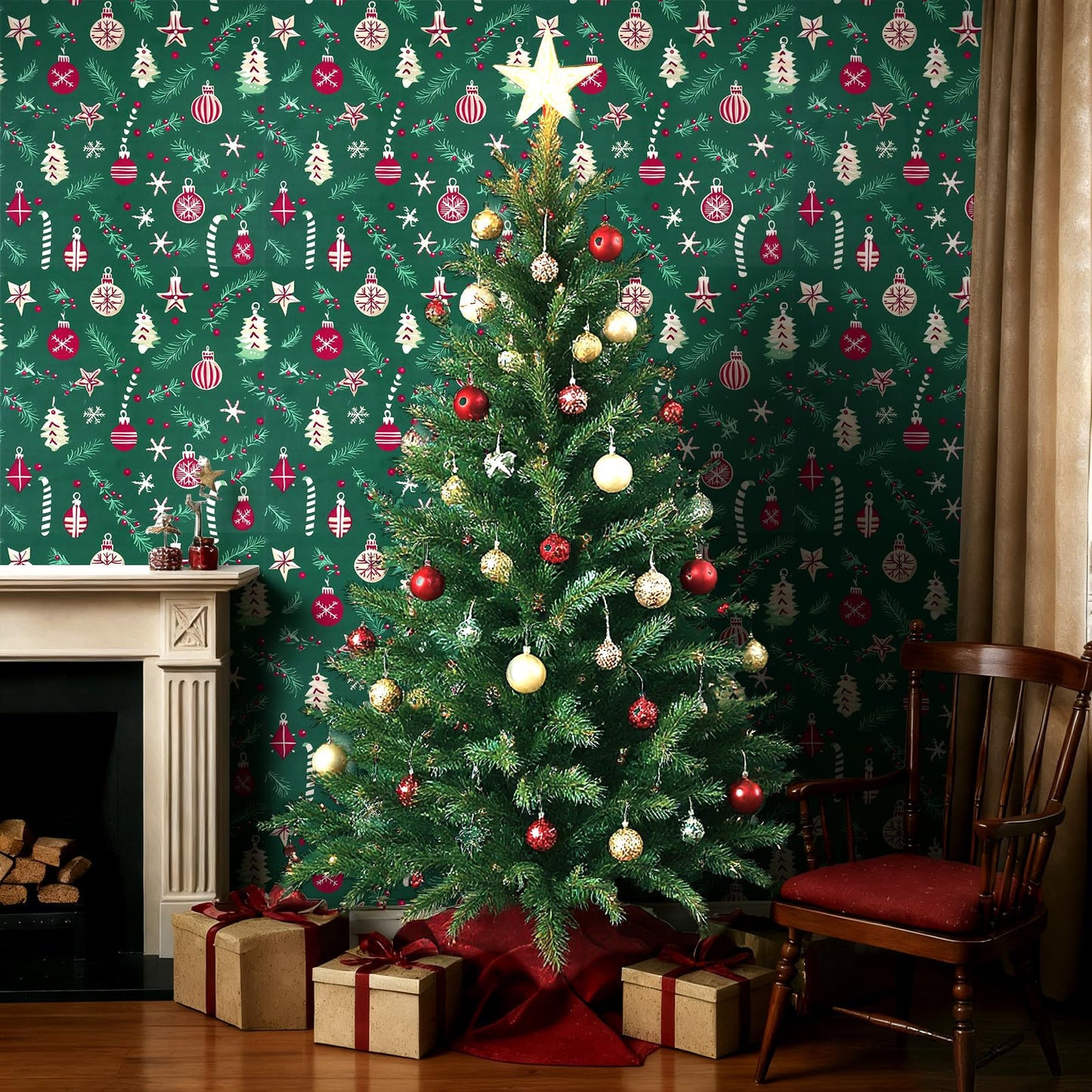 Peel and Stick Wallpaper Christmas Trees, Ornaments & Candy Canes Contact Paper Holiday Removable Self Adhesive Vinyl Christmas Decor Wall Paper for Living Room Kitchen Bedroom 17" x 196.8"