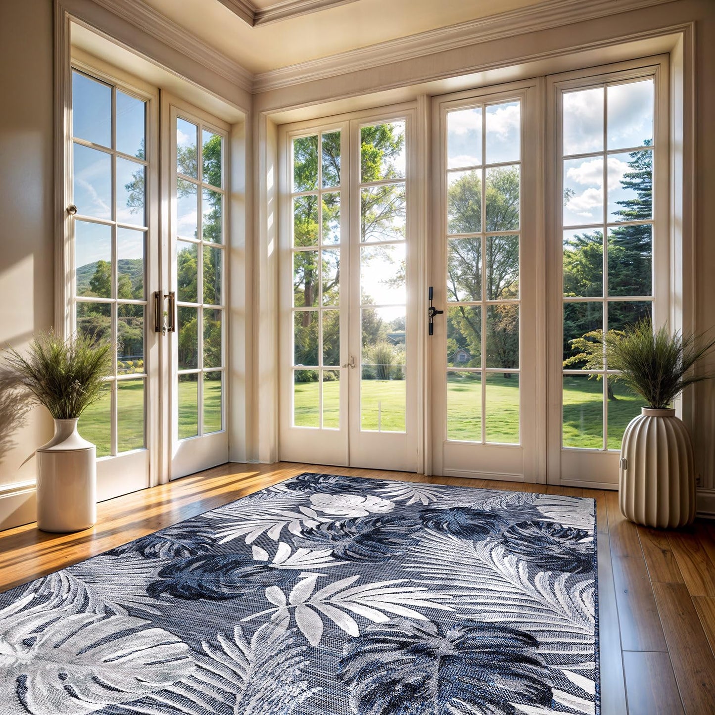 CAMILSON Indoor Outdoor Rug, Navy 7’10”x10’ Leaf Tropical Botanical Area Rugs for Indoor and Outdoor patios, Easy-Cleaning Non-Shedding Living Room, Garden and Kitchen Washable Outside Carpet (8x10)