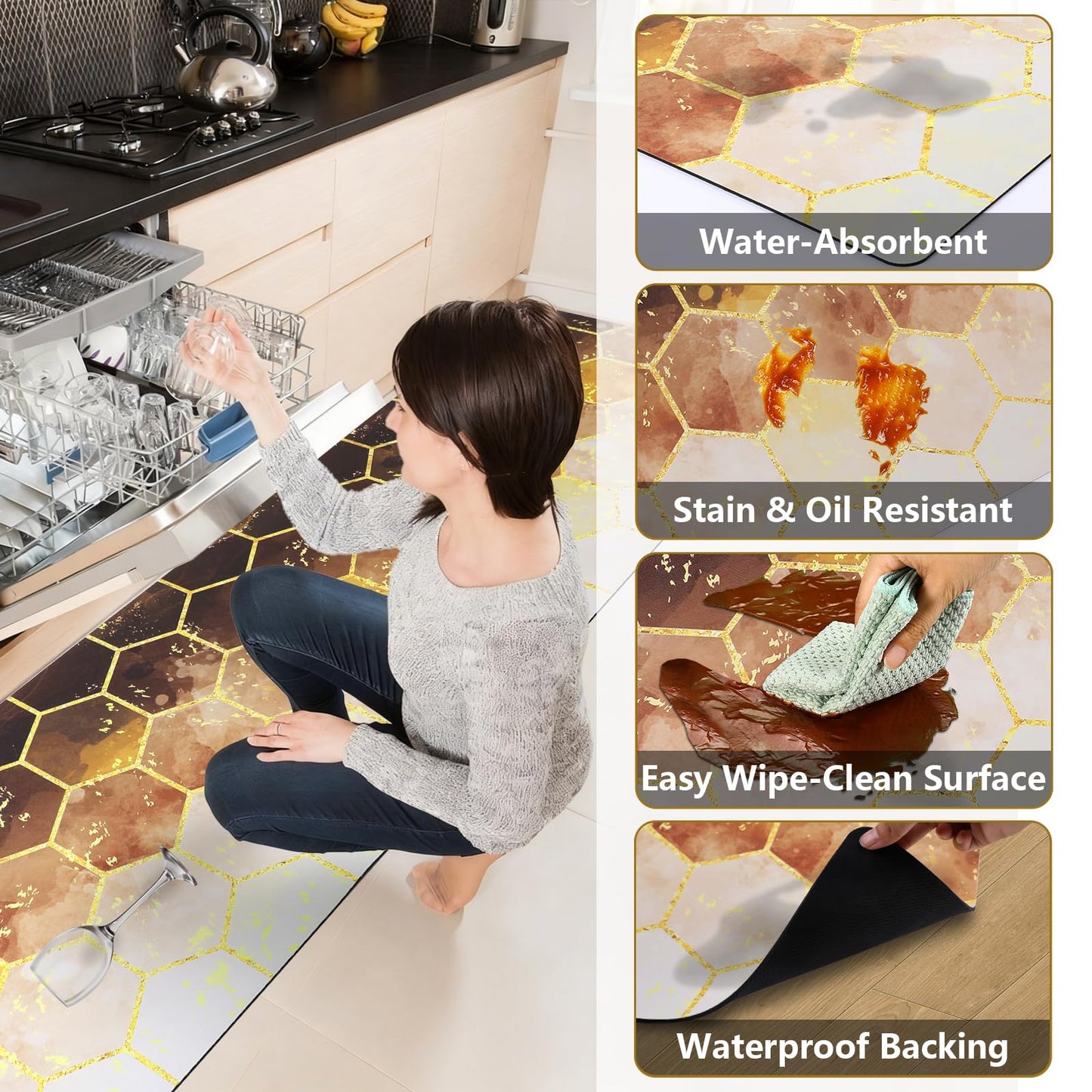 BSSN 3-Piece Kitchen Rugs and Mats Set,Cushioned No-Slip Resistant Kitchen Mats for Floor,Luxury Gold Hexagon Geometric Comfort Floor Mats,Washable Runner Rug for Kitchen Sink,Laundry,Office
