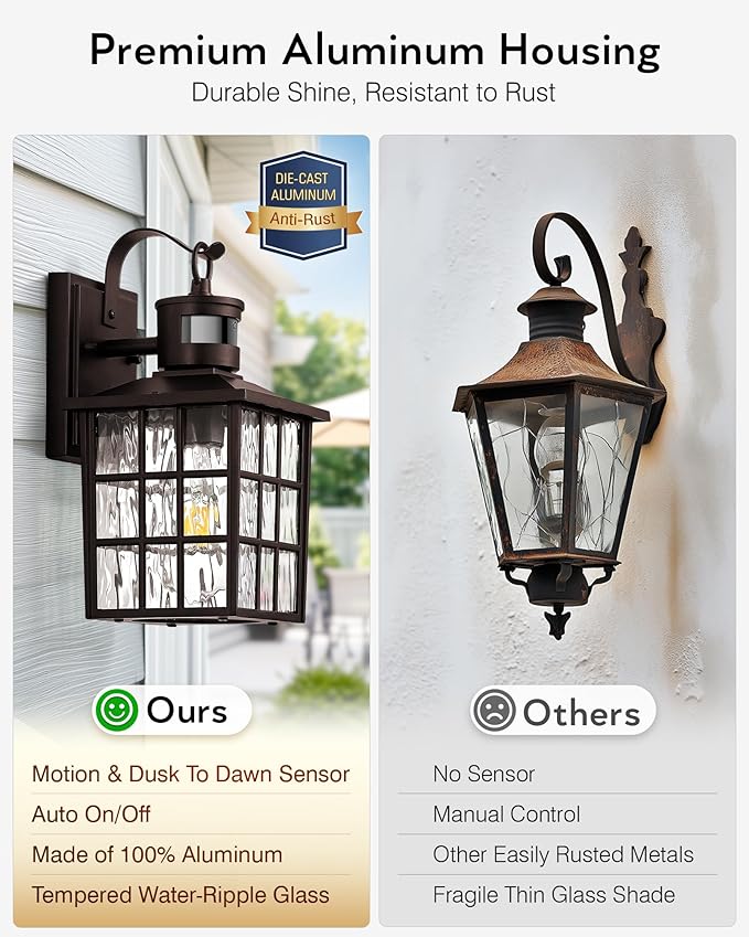 VIANIS 2 Pack Motion Sensor Outdoor Lights, Oil Rubbed Bronze Dusk to Dawn Wall Lights Lantern, 100% Aluminum Coach Exterior Lights Sconce for Patio, House, ORB Front Porch Light with Waterproof