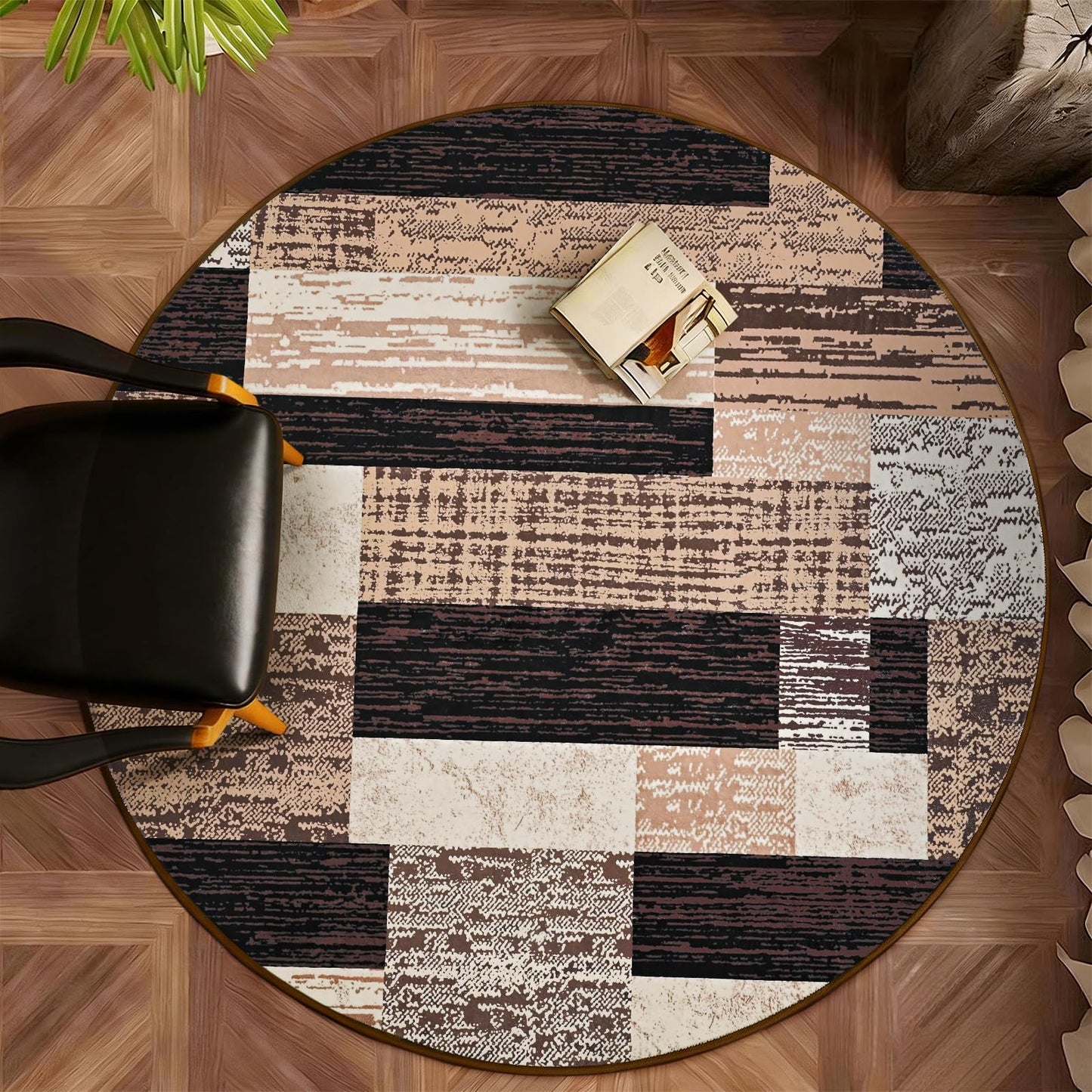 FlyDOIT Modern Round Area Rug for Living Room, 4Ft Washable Round Rug Chocolate Geometric Patchwork Circle Rugs for Dining Room Table, Small Circular Floor Carpet for Bedroom Home Office