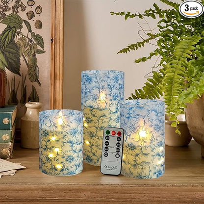 Flameless Candles with String Lights - Set of 3 Printed Remote Battery Operated Candle Flickering Floral LED Pillar Candles with Timer for Home Decor Romantic Ambiance,BL
