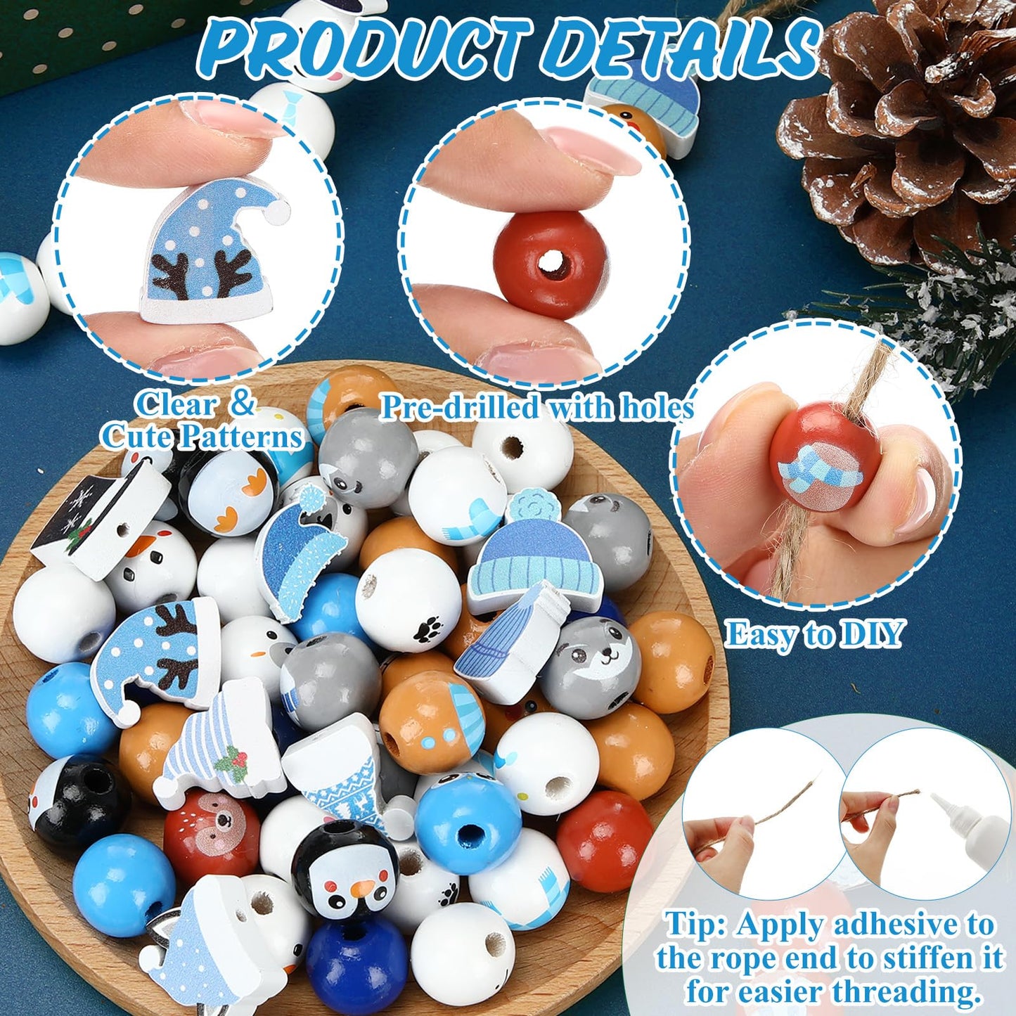 Geelin 300 Pcs Christmas Wood Beads with Twine - Santa Gingerbread Snowman Winter Animals Wooden Round Bead for Hanging Ornaments DIY Crafts Garland Holiday Tree Decor(Winter Animals)