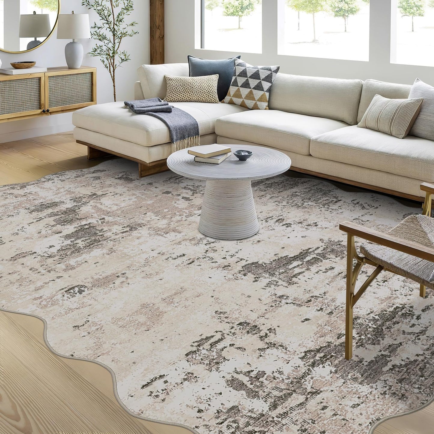 ROYHOME Modern Scalloped Abstract Area Rug 10x13 Non Slip Non Shedding Rug Low Pile Stain Resistant for Bedroom Living Room,Brown Grey