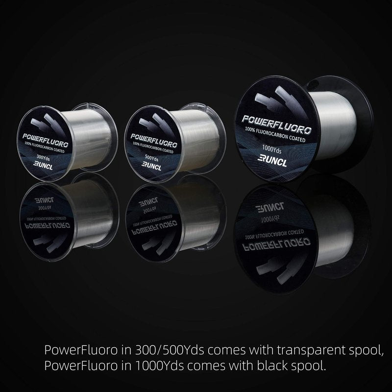 RUNCL PowerFluoro Fishing Line, 100% Fluorocarbon Coated Fishing Line, Hybrid Line - Virtually Invisible, Faster Sinking, Low Stretch, Extra Sensitivity, Abrasion Resistance (300Yds, 20LB(9.1kgs))