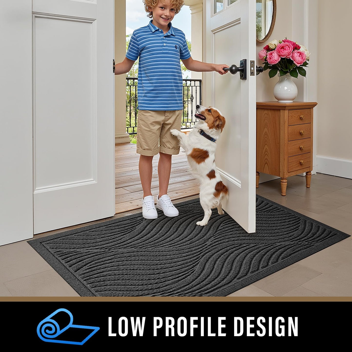 PLEASOR Front Door Mat Outside Entrance, Absorbent and Dirt Resistant Welcome Mat Indoor Outdoor, Non-Slip Backing Entry Mat, Fade Resistant, Easy Clean Low Profile Doormat for Entryway, 29x17, Grey