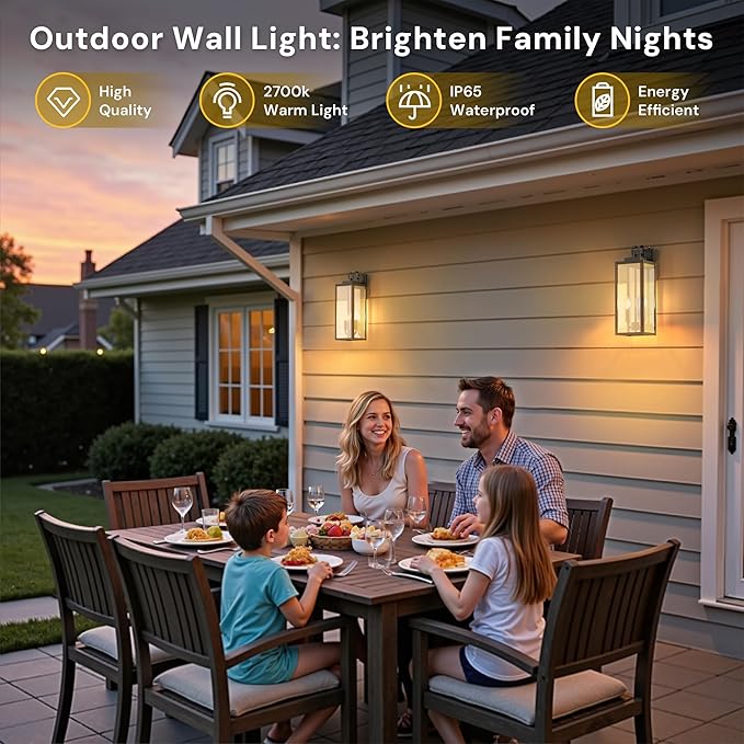 L LOHAS LED 18 Inch Dusk to Dawn Outdoor Wall Lights, 2-Light Black Outdoor Wall Sconce Lantern with Clear Glass Shade, Tall Transitional Exterior Light Fixtures for Porch, Garage, ETL Listed, 2 Pack