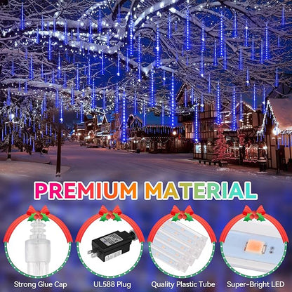 KNONEW Christmas Lights Outdoor, 15 inch 24 Tubes 672 LED Meteor Shower Lights Plug in Waterproof Falling Rain Light for Xmas Tree Wedding Party Garden Holiday Rooftop Decorations (Blue)