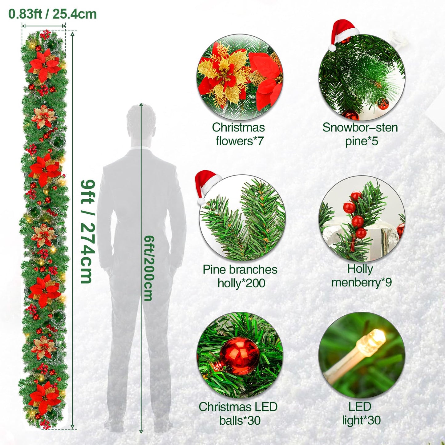 9FT Prelit Artificial Christmas Garland with Lights: Greenery Garland Decoration with 30 Warm LED Lights - Xmas Garland for Office Fireplace Mantle - Christmas's Day Indoor Outdoor Holiday (Garland3)