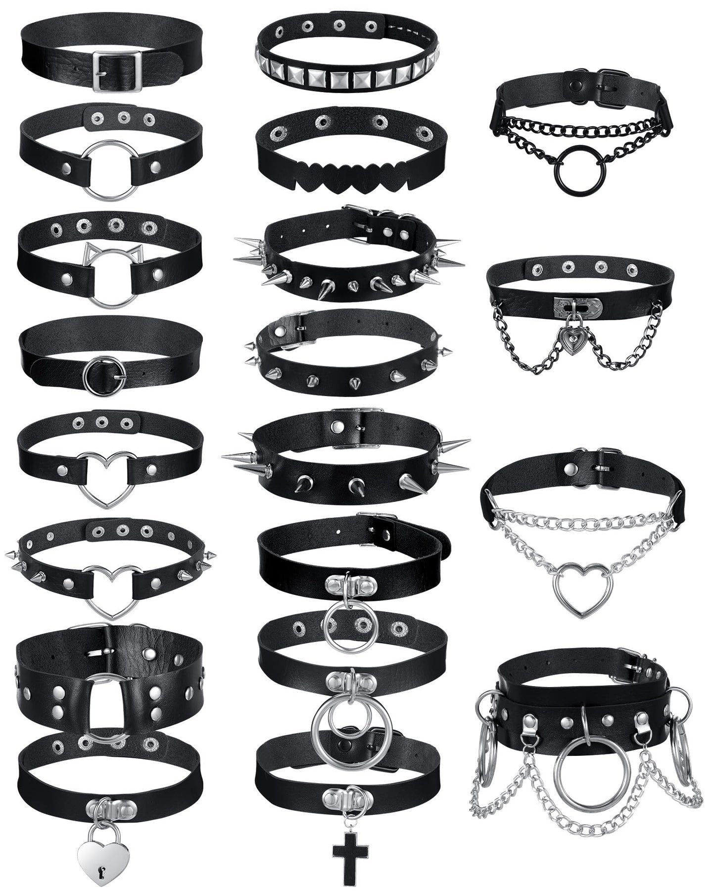 Sasylvia 20 Pcs Punk Leather Choker Necklaces Bulk Gothic Spiked Choker Set for Women Adjustable Black PU Leather Goth Studded Rock Necklaces Rivet Spike Halloween Costume Cosplay Accessories