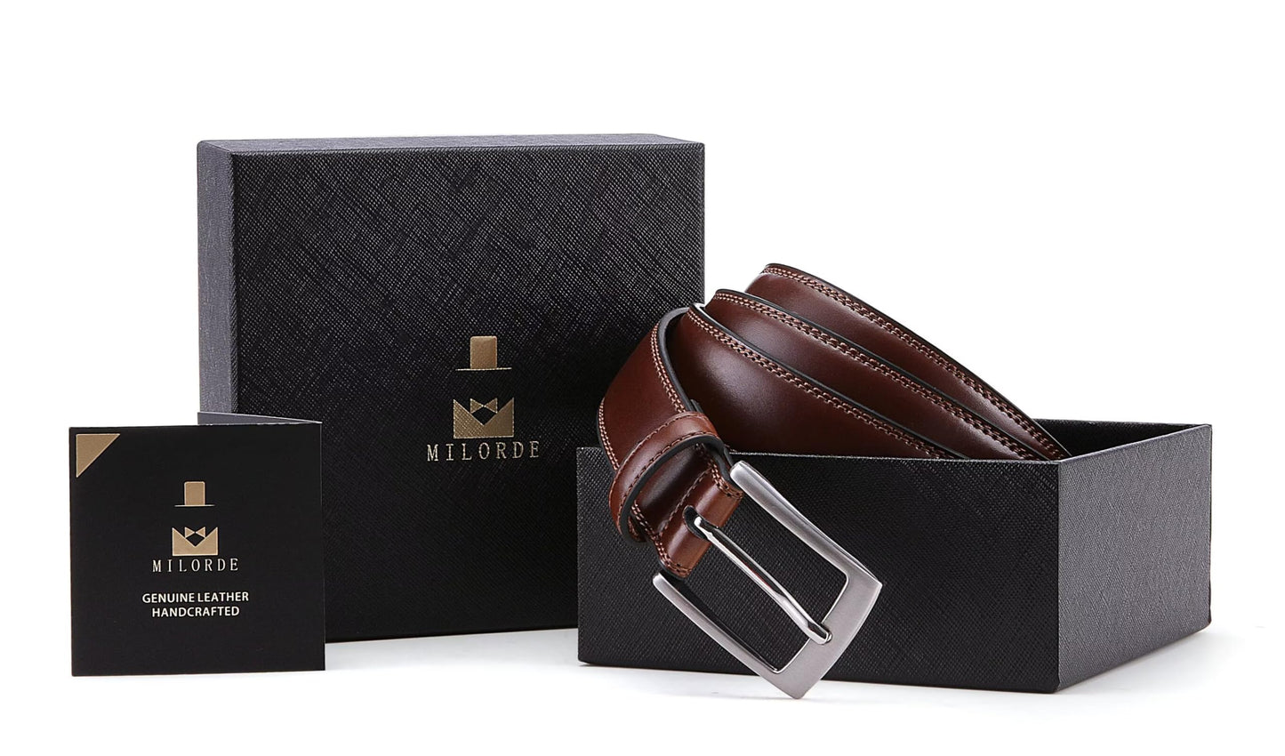 MILORDE Men's Genuine Leather Dress Belt, Handmade, Designs for Work Business and Casual (Size 30 (Waist 28), Burnt Umber)
