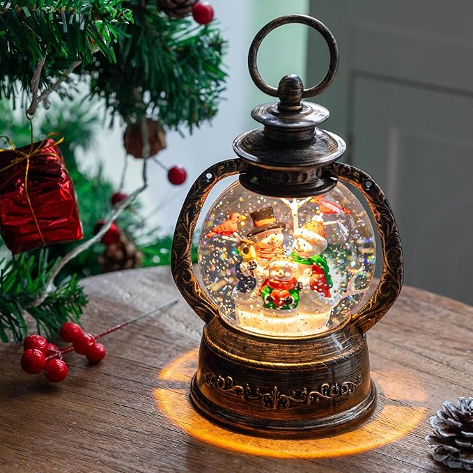 Christmas Snow Globe Lantern Water Glittering Snowman with Music, USB Lined/Battery Operated Lighted Lantern for Christmas Festival Decoration Gifts