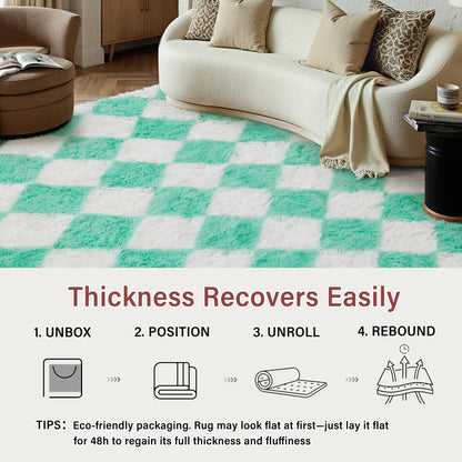 HUGEAR Checkered Rug 8x10 Living Room Green and White Modern Shag Rug Washable Large Area Rug Soft Fluffy Indoor Carpet Fuzzy Vacuumable Rugs for Bedroom Home Decor Non Slip